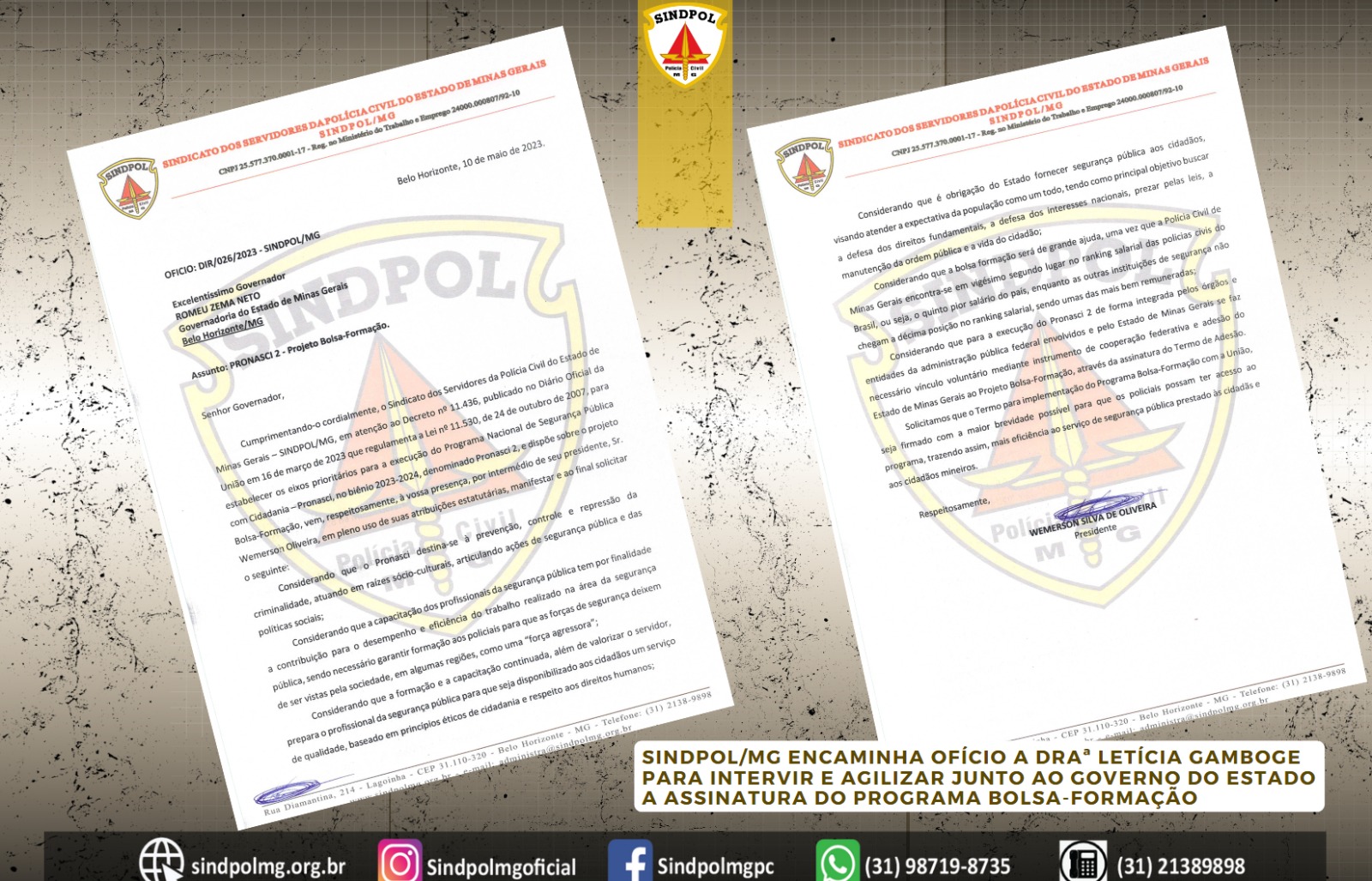 Sindpol/MG encaminha ofício a Draª Letícia Gamboge para intervir e agilizar junto ao Governo do Estado a assinatura do Programa Bolsa-Formação