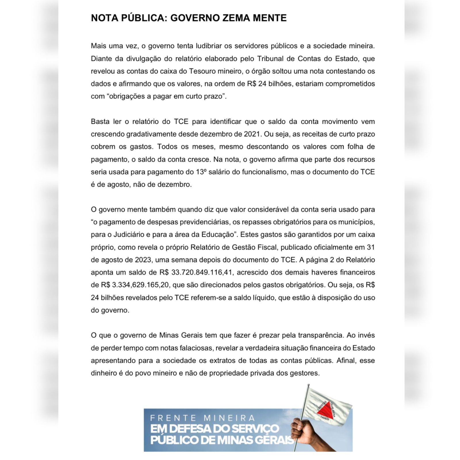 Atenção- Nota Pública: Governo Zema mente