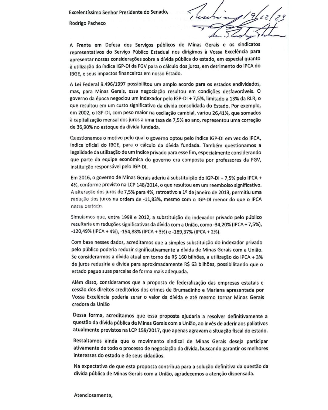 Documento entregue ao presidente do Senado, Rodrigo Pacheco, com propostas da Frente em defesa do serviço público