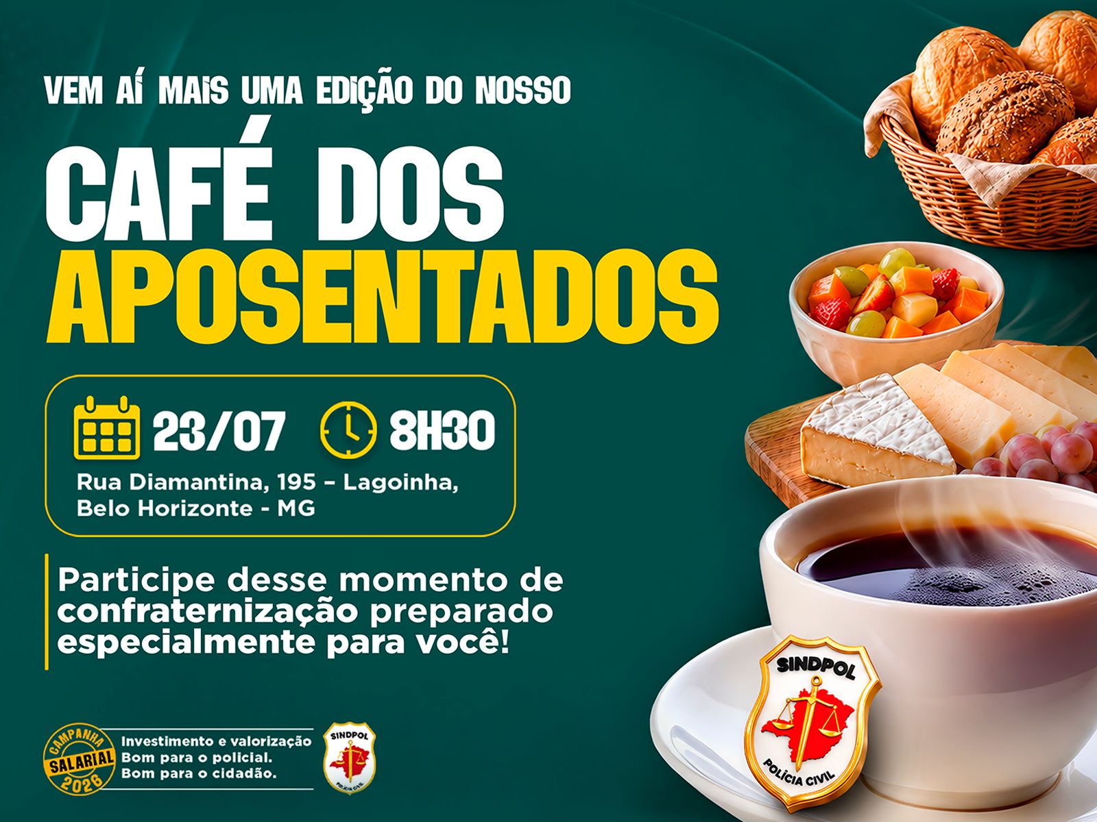 Café dos Aposentados reúne filiados para manhã de confraternização na sede do SINDPOL-MG